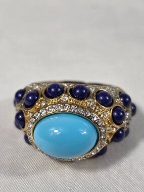 Kenneth Jay Lane High Drama East/West Adjustable Ring Gold-Tone Blue Cabochons